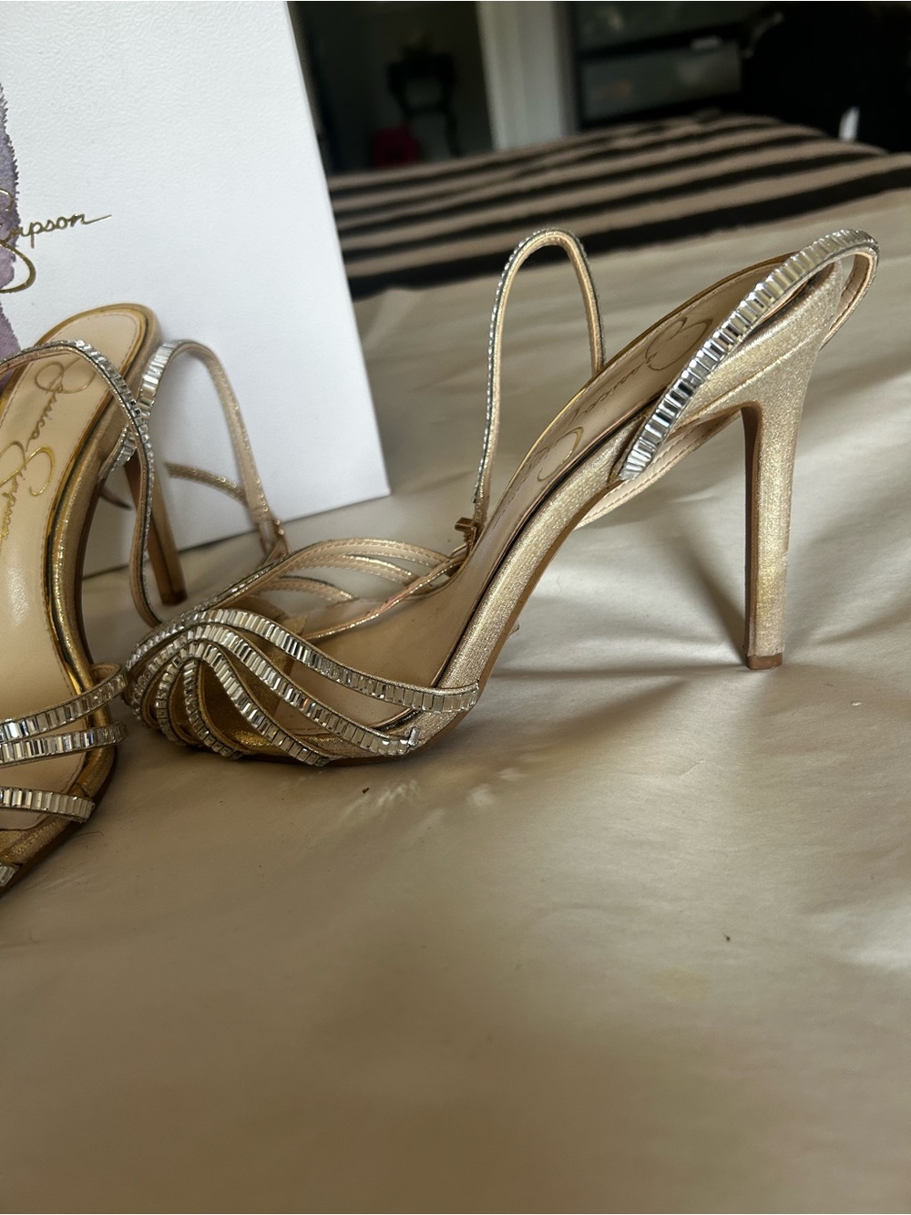 Gold Strappy Evening Sandals with Crystal Trim